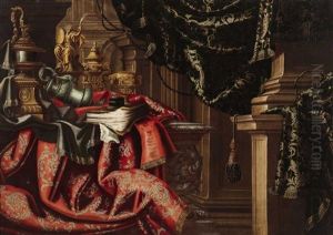 Valuable Vases And Brocades In Front Of A Rich Architectural Background by Carlo Manieri