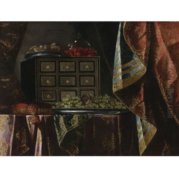 Still Life Of A Chest, Fruit And Other Objects On A Brocade Draped Table - view 1