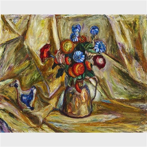 Still Life Of Flowers In A Copper Vase; Autumn Landscape With Pool (a Double-sided Oil) - view 1
