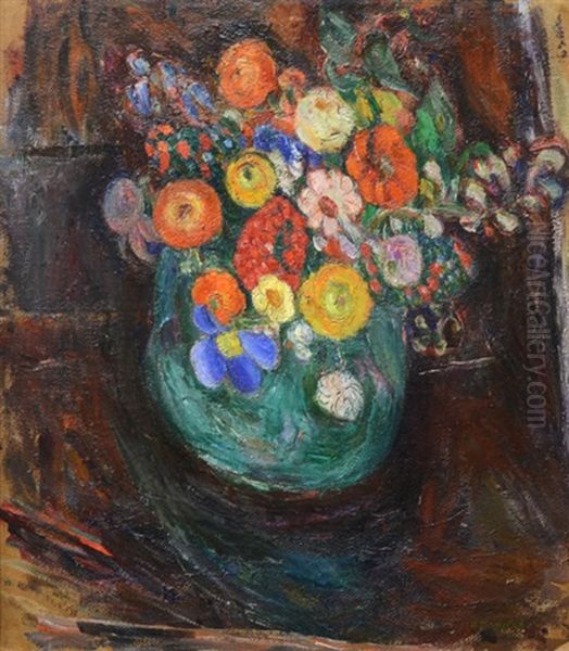 Still Life With Green Vase And Flowers (+ Winter Village Scene, Verso) - view 1