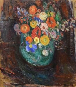Still Life With Green Vase And Flowers (+ Winter Village Scene, Verso) by Abraham Manievich