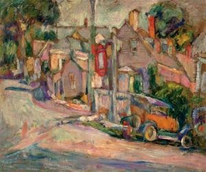 City Street With Red Car by Abraham Manievich