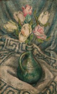 Still Life With Tulips And A Rose In Blue Pitcher by Edward Middleton Manigault