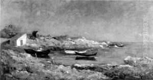 Bucht Mit Vertauten Ruderbooten An Felsiger Kuste by Marius Maniquet