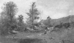 Hugelige Landschaft Mit Felsbrocken Und Baumgruppe