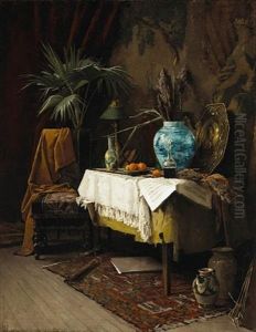 An Interior With A Still Life Of An Oriental Vase, Oranges, A Carafe Of Wine And A Sheet Of Music On A Table