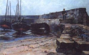 Harbour Quay With Lobster Pots In The Foreground by Alexander Mann