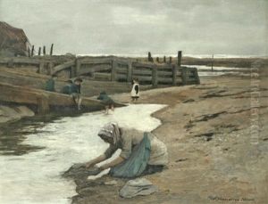 A Woman Washing Clothes In A Pool, Probably Staithes, Yorkshire A Woman Washing Clothes In A Pool, Probably Staithes, Yorkshire