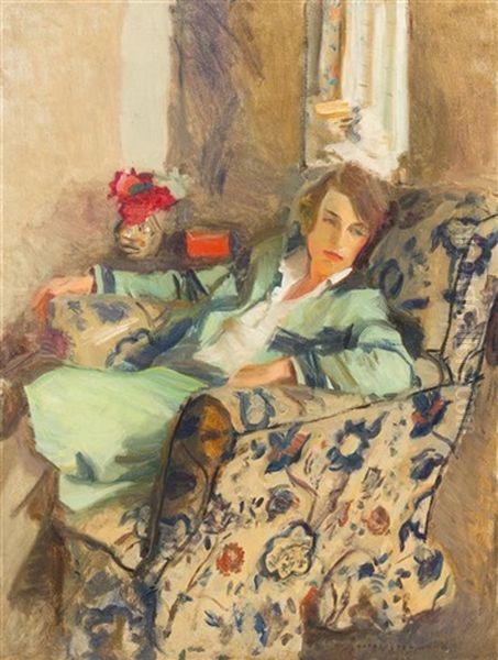 Woman Seated In Interior - view 1