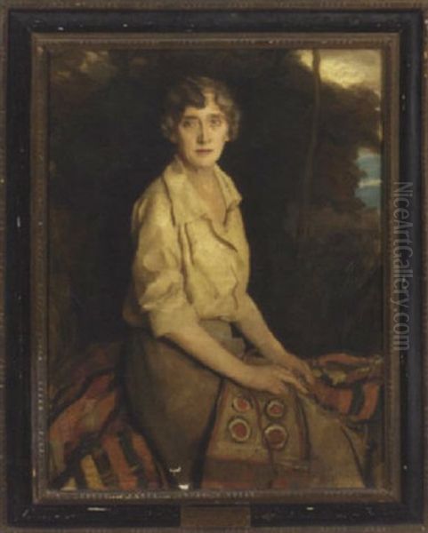 Portrait Of Princess Marie Louise Of Schleswig-holstein In A Cream Shirt And Brown Skirt, African Textiles On Her Lap - view 1