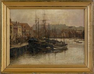 Landscape With Ships In A Harbor And Town In The Background by William Manners