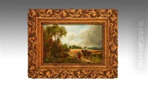 Farmer On Horseback On A Country Track Alongside A Lady & Her Daughter