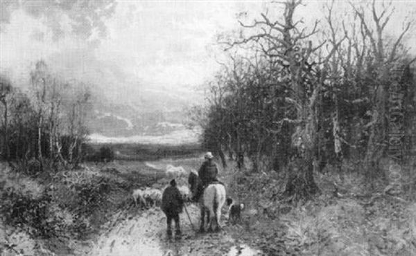 A Winter Landscape With Figures, Sheep And Pony In A Country Lane - view 1