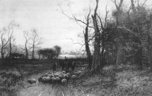 A Winter Landscape With Sheep, Figures And A Pony And Cart In A Country Lane by William Manners