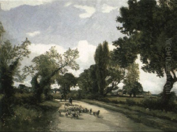 Drover And His Flock On A Country Lane - view 1