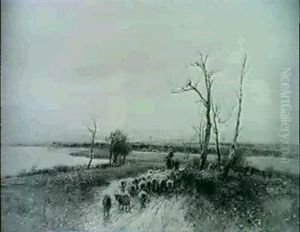 Driving Sheep By A River by William Manners