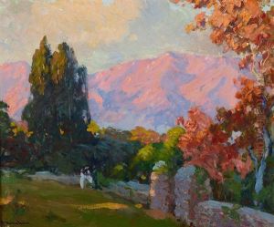 Figures In An Autumn Landscape At Dusk by Jean Mannheim