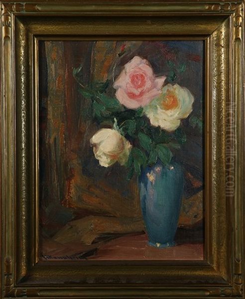 Impressionistic Still Life With Roses In A Blue Vase - view 1