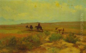 American Indians On Horseback In Western Plains Landscape by Jean Mannheim