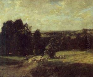 Shepherdess And Flock In Sunlit Landscape by William Westley Manning
