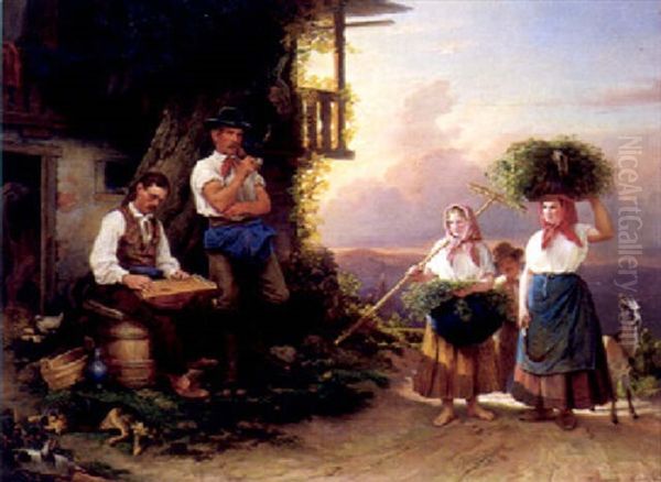 Musizierender Bauer Und Heimkehrende Frauen Neben Einem Stall Auf Der Hohe Eines Kirchdorfes - view 1