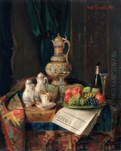 Stillleben Mit Zeitung Und Fruchten by Josef Mansfeld