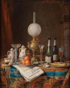 Stillleben Mit Champagnerflaschen Und Tageszeitung by Josef Mansfeld