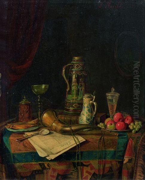 Chopes, Livre, Verres, Assiette De Fruits, Harengs, Corne Et Journal Sur Un Entablement; Aiguieres, Livre, Theieres, Bouteille De Champagne Moet & Chandon, Verres, Assiette De Fruits, Livre Et Journal The Globe Sur Un Entablement (2 Works) - view 1
