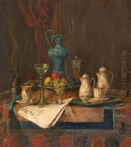 Stillleben Mit Zeitung Und Fruchten (+ Another, Similar; Pair) by Josef Mansfeld