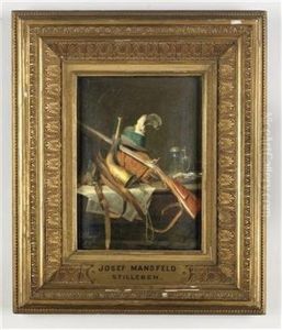 Stilleben Mit Jagdausrustung, Gewehr, Hut Mit Hahnenfeder Und Jagdhorn by Josef Mansfeld
