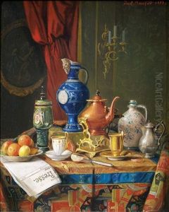 Stilleben Mit Kaffeezubereiter, Kaffeegeschirr Und Obst (+ Another, Similar; 2 Works) by Josef Mansfeld