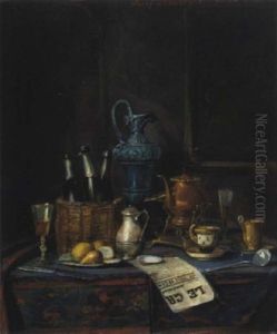 Stilleben Mit Sektflachen, Birnen Am Teller Und Zeitung by Josef Mansfeld