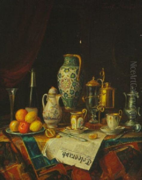 Still Life With Fruit And Champagne, Tea Service, And Newspaper - view 1