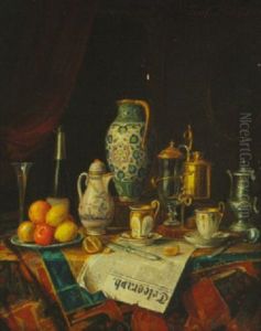 Still Life With Fruit And Champagne, Tea Service, And Newspaper by Josef Mansfeld