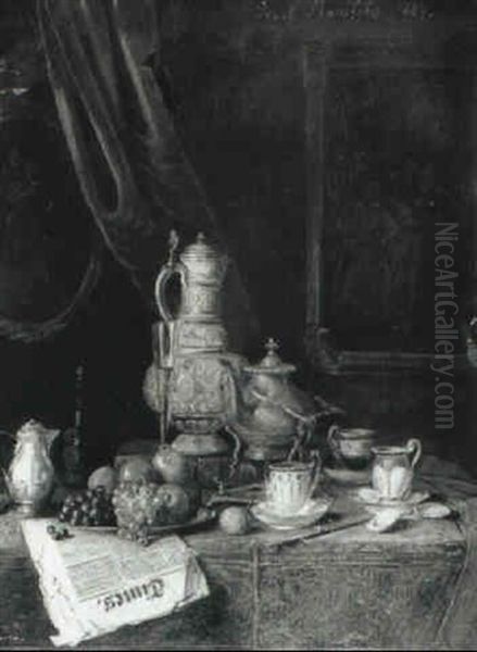 Still Life Of A Steiner, Glass, Salver With Fruit On A Draped Table - view 1