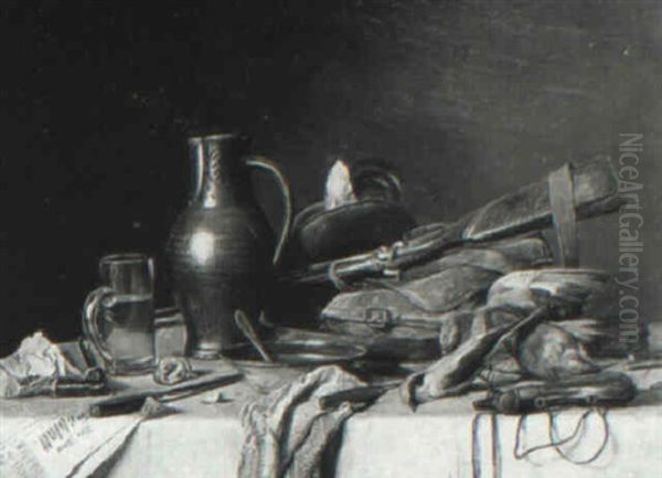 Still Life With Songbirds, Hunting Objects And Bowl On Draped Table - view 1