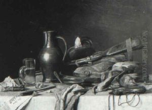 Still Life With Songbirds, Hunting Objects And Bowl On Draped Table by Josef Mansfeld