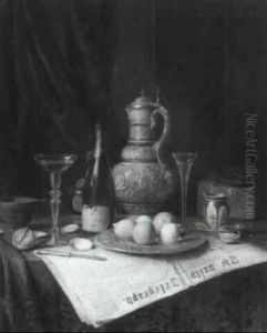A Table Top Still Life With A Copy Of The Daily Telegraph   And A Bottle Of Moet Chandon by Josef Mansfeld