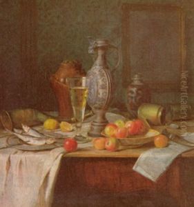 Still Life With Stoneware, Brass, Fish And Fruit
