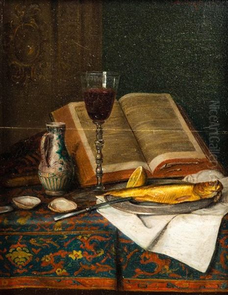 Stillleben Mit Krug, Buch, Weinglas Und Fisch - view 1