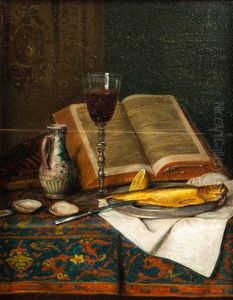 Stillleben Mit Krug, Buch, Weinglas Und Fisch by Moritz Mansfeld