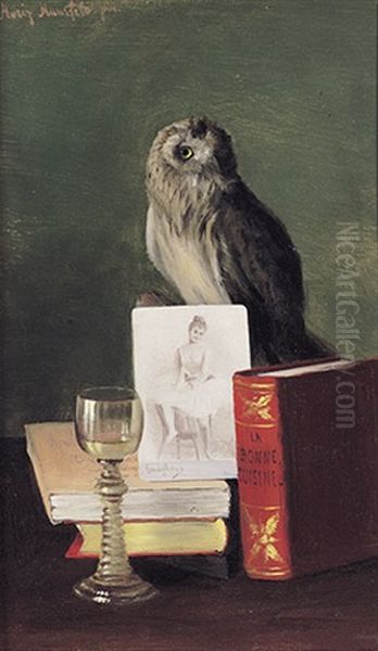 Stilleben Mit Eule, Weinglas, Photo Einer Ballerina Und Kochbuch - view 1