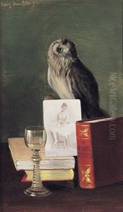Stilleben Mit Eule, Weinglas, Photo Einer Ballerina Und Kochbuch by Moritz Mansfeld