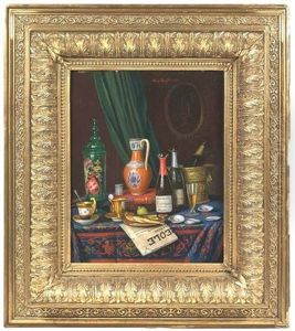 Stilleben Mit Krug, Tassen, Austern, Fisch Und Champagnerflaschen by Moritz Mansfeld