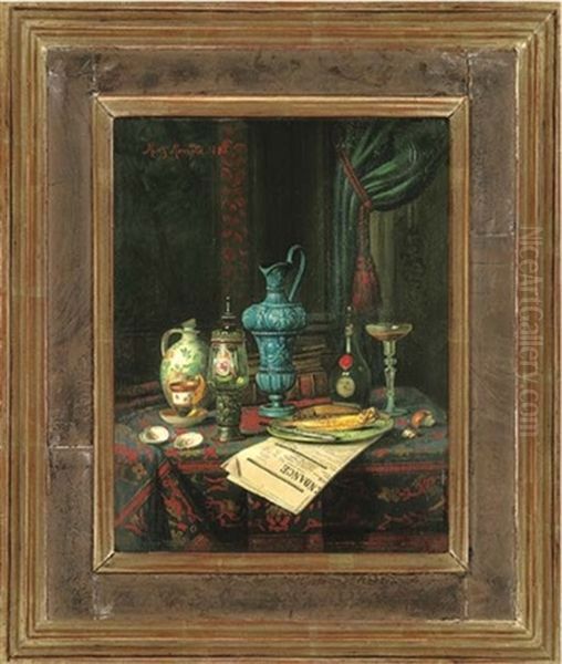 Wine, Jugs, Cups, A Glass, With Fish On A Plate, On A Newspaper, In An Interior - view 1