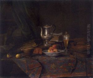 Stillleben Mit Silberkanne, Obst Und Buchern by Moritz Mansfeld