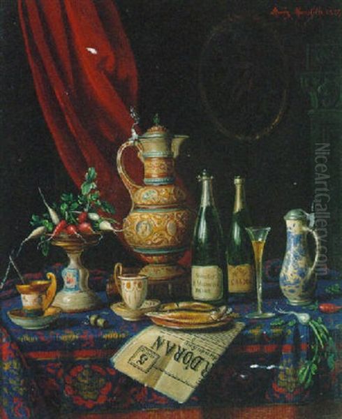 Bottles Of Wine, A Coffee Pot, Cups And Saucers, And A Newspaper On A Table - view 1