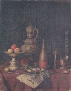 A Still Life With Champagne Bottles, A Flute, An Urn, Apples On A Platter And A Knife On A Newspaper by Moritz Mansfeld