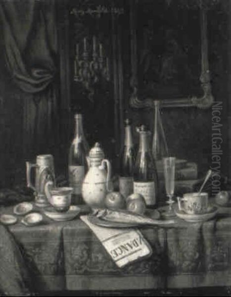 Interieurstilleben Mit Weinflaschen, Kaffeegeschirr, Obst - view 1