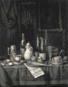 Interieurstilleben Mit Weinflaschen, Kaffeegeschirr, Obst by Moritz Mansfeld